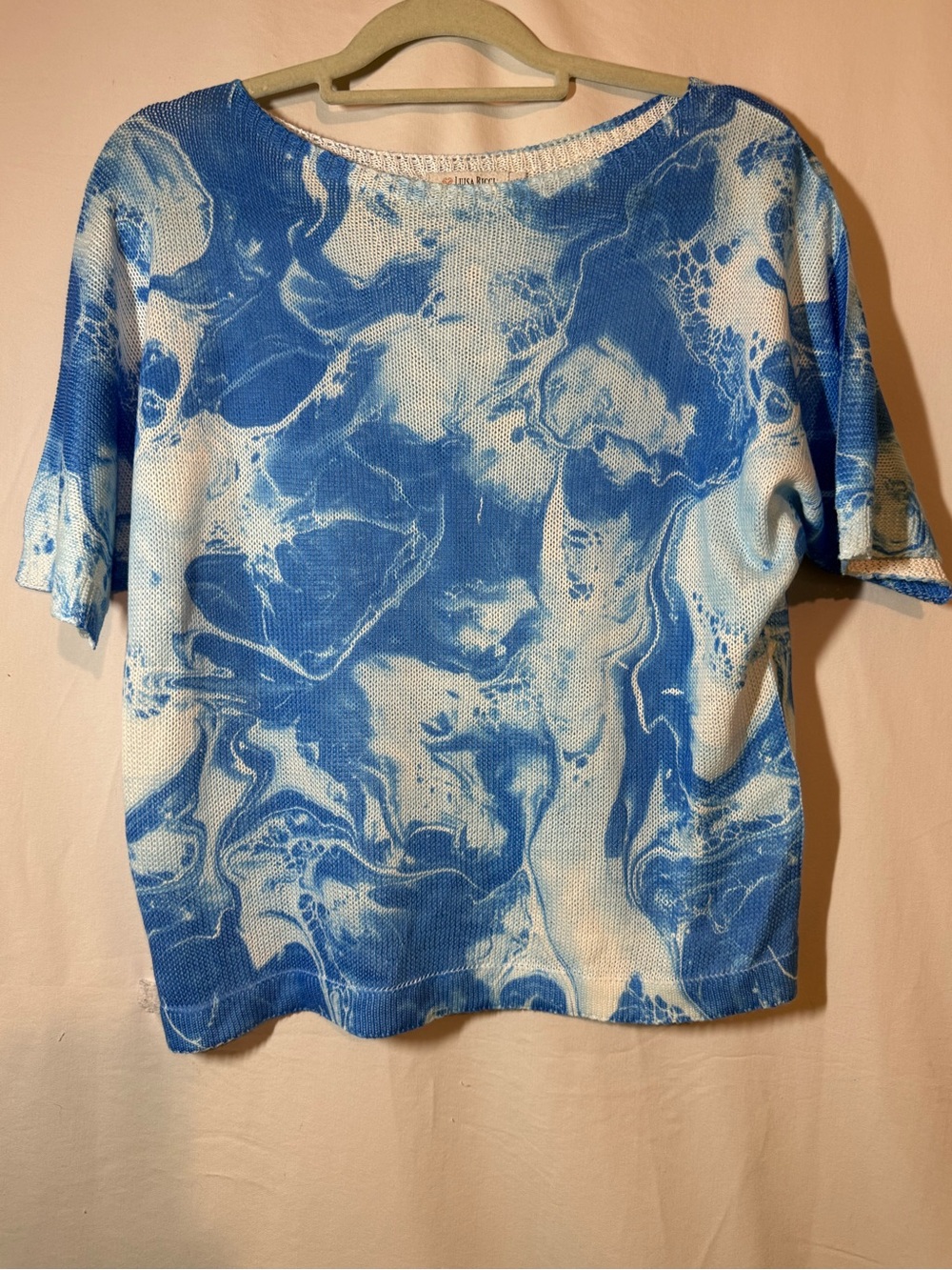 Luisa Ricci Italy Blue White Abstract Knit Sweater Top S Dolman Boat Neck